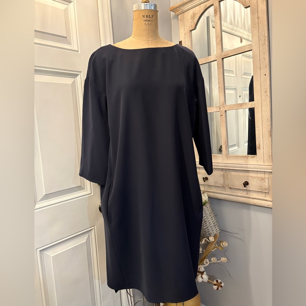 Ann Taylor Navy Elbow‎ Length Wide Sleeve Midi Shift Dress w/pockets Large Chic